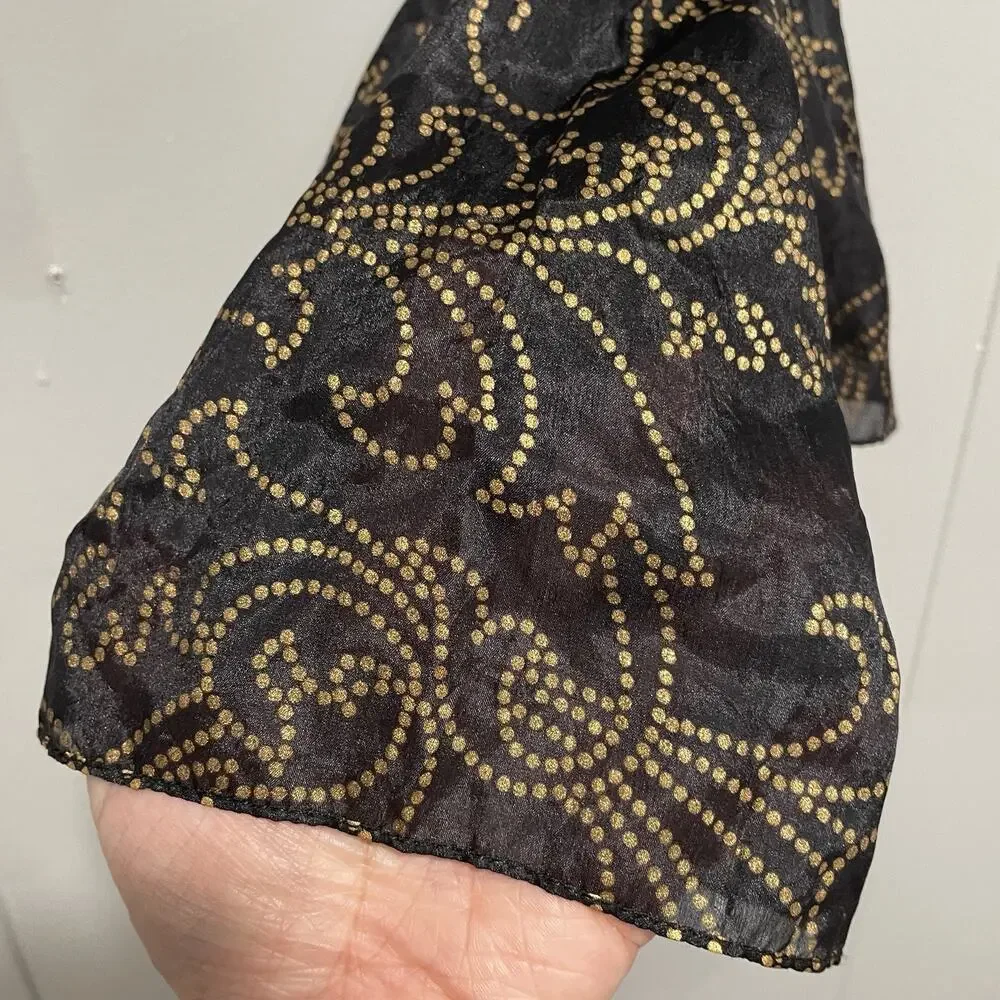 Vintage Vivante VSA Sheer Dot Scroll Silk Scarf Black Gold Metallic Old Money